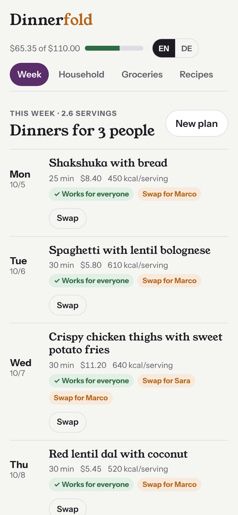 Week view with seven dinners, each marked as working for everyone